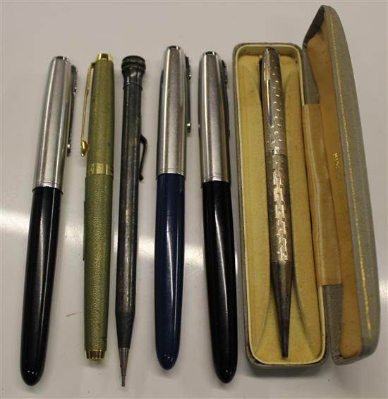 3 Parker 51 pens, 2 silver pencils RMS Elizabeth pen